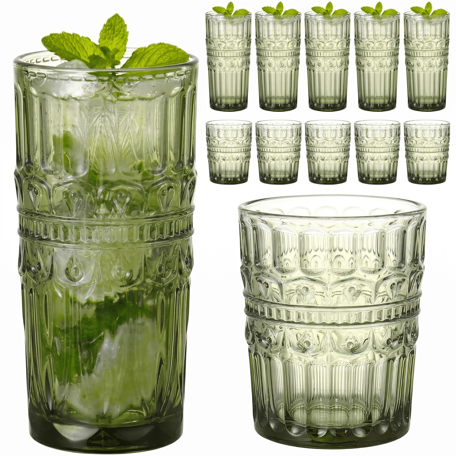 Set of 12 Sage Green Vintage Floral Glasses, 12oz & 10oz Highball Cocktail Tumblers for All Drinks