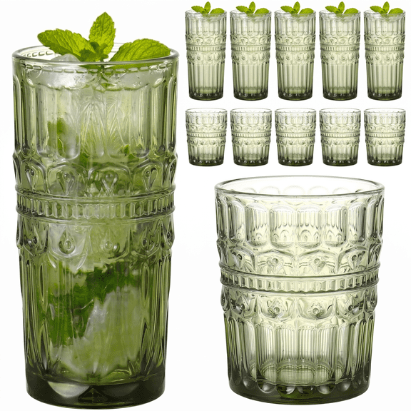 Set of 12 Sage Green Vintage Floral Glasses, 12oz & 10oz Highball Cocktail Tumblers for All Drinks