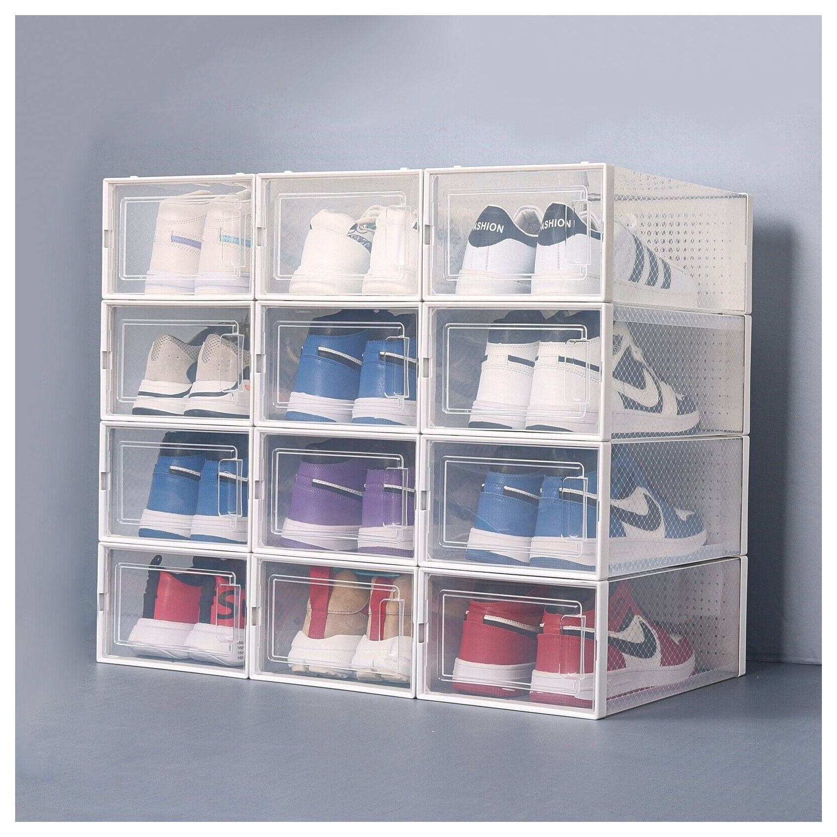 Set of 12 Stackable Clear Plastic Transparent Shoes Storage Boxes in