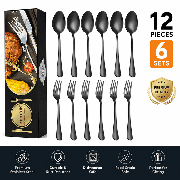 TAVENE Set of 12, Stainless Steel Dinner Forks and Spoons Silverware Set, Heavy-Duty Forks (8 Inch) and Spoons (6.7 Inch) Cutlery Set, Dishwasher Safe (Black)