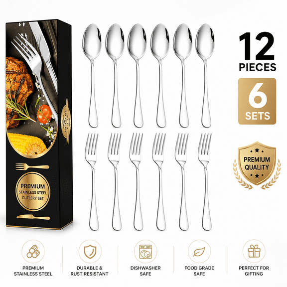 TAVENE 12 Pieces Cutlery Set, Stainless Steel Dinner Forks and Spoons, Heavy Duty Silverware 6.7 Inch, Dishwasher Safe