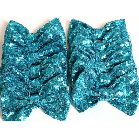 Set of 12 Teal Sequin Bows 5 Inches Large Glitter Bows Wholesale Bows, DIY Fabric Hair Bows - No Clips