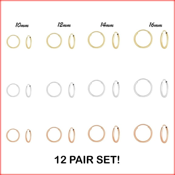 Set of 12! Tilo Jewelry 925 Sterling Silver Endless Round Hoop Earrings for Women, Men, Unisex