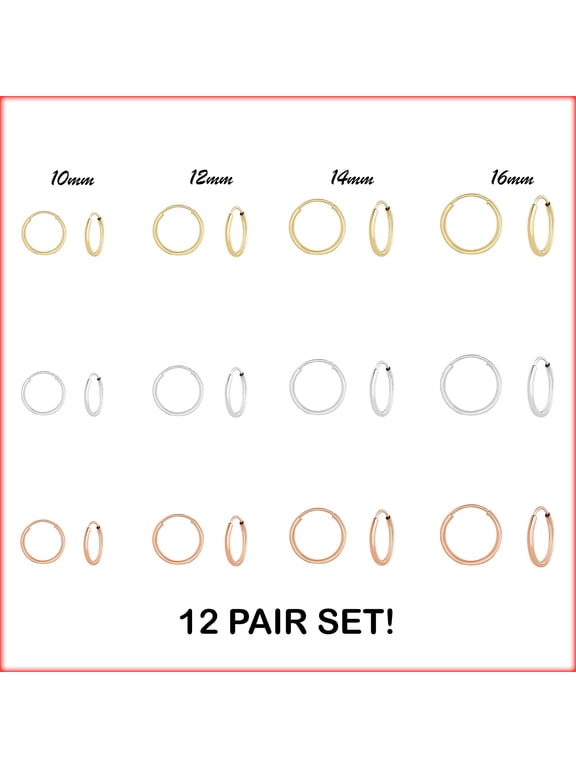 Set of 12! Tilo Jewelry 925 Sterling Silver Endless Round Hoop Earrings for Women, Men, Unisex