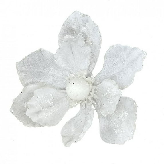Set of 12 White Glitter Magnolia Head With Clip Artificial Flower