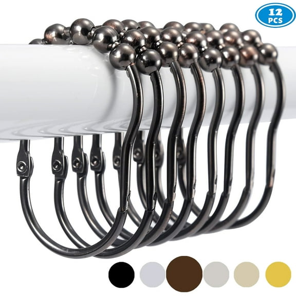 Set of 12 Wide Shower Curtain Rings Hooks, Rust-Free Premium Stainless Steel Easy Glide Rollerball Shower Ring, Decorative Plated Bronze Finish
