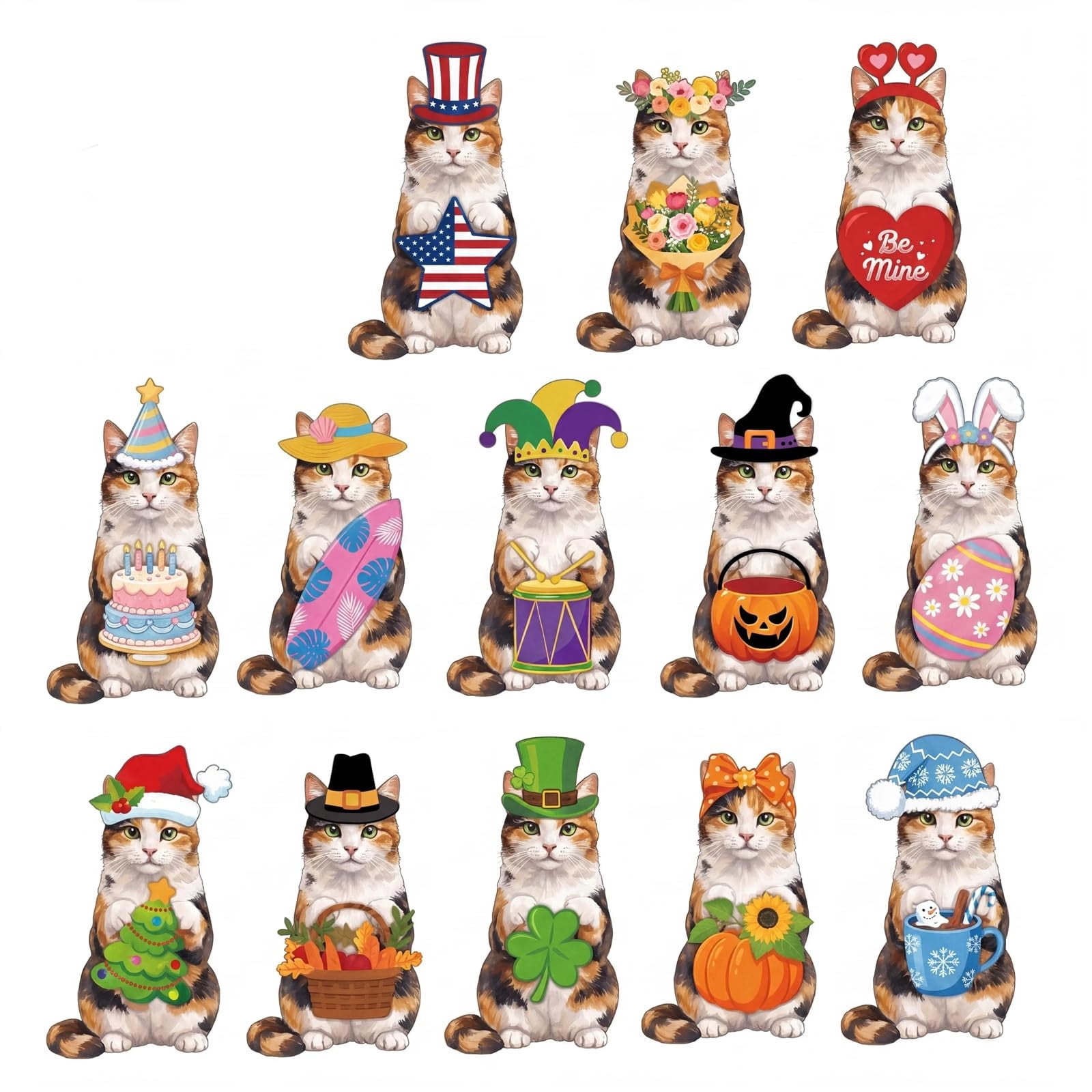 Calico Tree Set of 13 Cat Holiday Wooden Hanging Ornaments, Watercolor Calico Cat ...