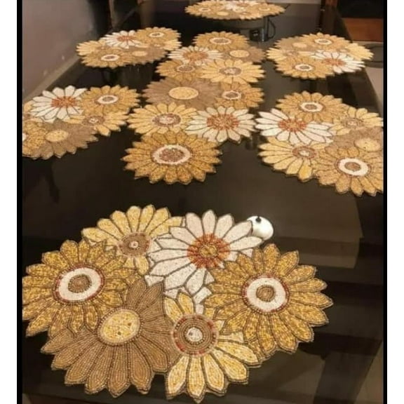 Set of 13 Pieces, Sunflower Table Runner And Placemat Set, Beaded Table Runner And Tablemat Set, Wedding Table Decoration