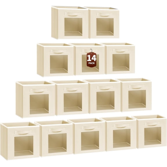 Set of 14 Beige Fabric Storage Cubes with Window and Handle, 11-Inch Closet Organizer Bins for Toys and Clothes