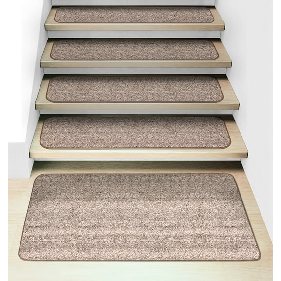 Set of 15 Attachable Carpet Stair Treads and Matching Landing Rug - Pebble Beige