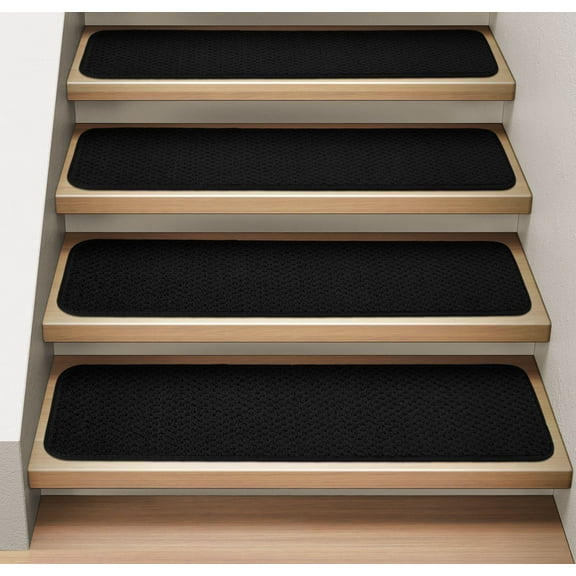 Set of 15 Attachable Indoor Carpet Stair Treads - Black - 8 In. X 23.5 In. - Several Other Sizes to Choose From