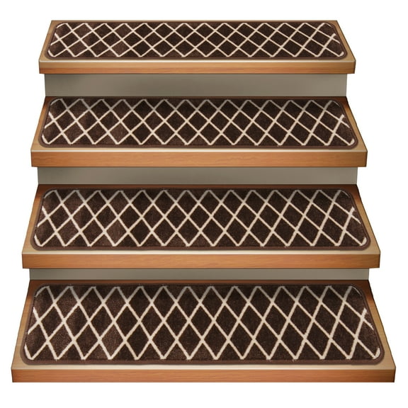 Set of 15 Attachable Indoor Carpet Stair Treads - Diamond Trellis Lattice - Coffee Brown & Vanilla Cream - 8 Inches X 26 Inches