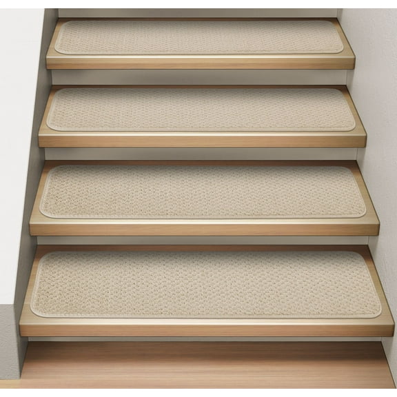 Set of 15 Attachable Indoor Carpet Stair Treads - Ivory Cream - 8 In. X 23.5 In. - Several Other Sizes to Choose From