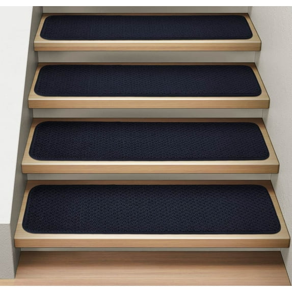 Set of 15 Attachable Indoor Carpet Stair Treads - Navy Blue - 8 In. X 23.5 In. - Several Other Sizes to Choose From