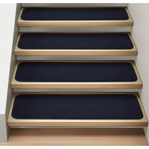 Set of 15 Attachable Indoor Carpet Stair Treads - Navy Blue - 8 In. X 23.5 In. - Several Other Sizes to Choose From