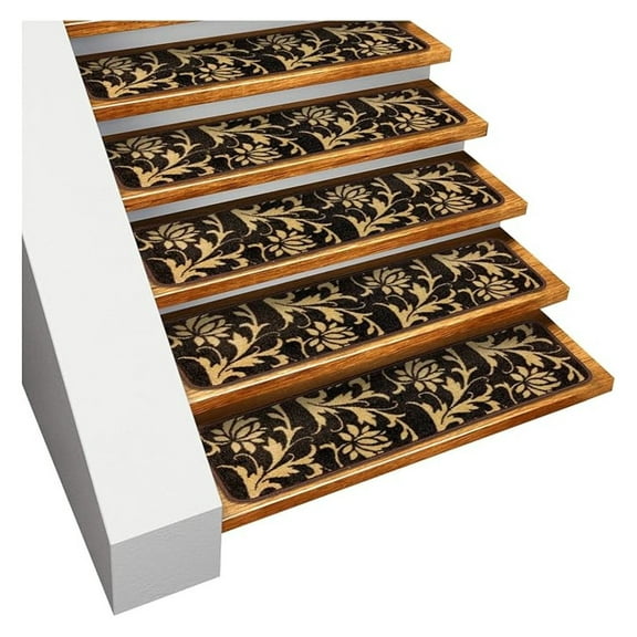 Set of 15 Skid-Resistant Carpet Stair Treads Laurel Lane Espresso Brown & Golden Cream 8 Inches X 26 Inches