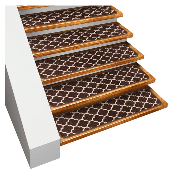Set of 15 Skid-Resistant Carpet Stair Treads – Moroccan Trellis Lattice – Coffee Brown & Vanilla Cream – 9 In. X 36 In.