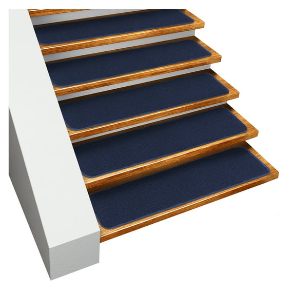 Set of 15 Skid-Resistant Carpet Stair Treads - Navy Blue - 8 Inches X 27 Inches