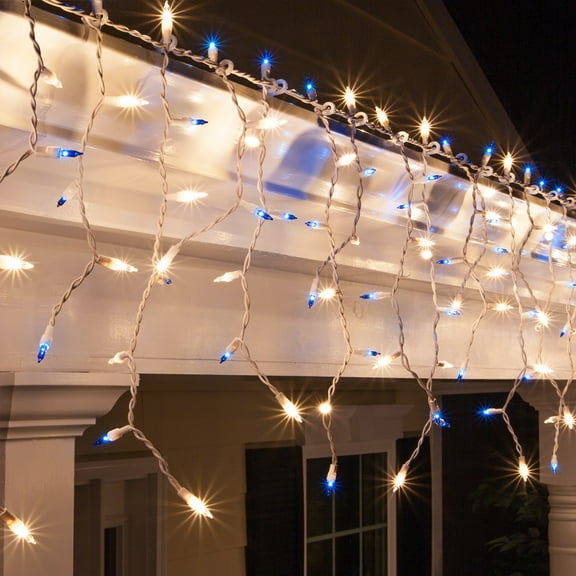 Set of 150 Blue and Clear White Mini Incandescent Icicle Lights with White Wire 4 in. Spacing