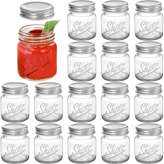 Set of 16 Mini Jars with Lids - 2 Oz Mason Jars Shot Glasses Mason Shooter Glass for Drinks Shot Favors Desserts