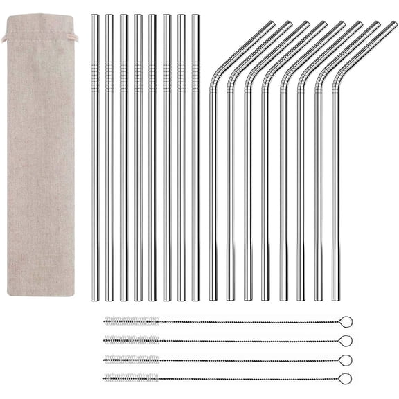 Set of 16 Stainless Steel Reusable Metal Drinking Straws with Cleaning Brushes and Pouch. 8.5 Inch Straw fits 20 oz Yeti Rtic Tumblers