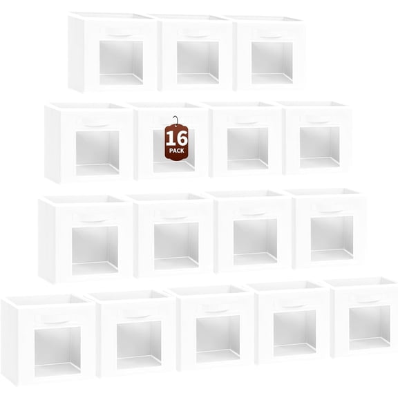 Set of 16 White Fabric Storage Cubes with Window and Handle, 11-Inch Closet Organizer Bins for Toys and Clothes