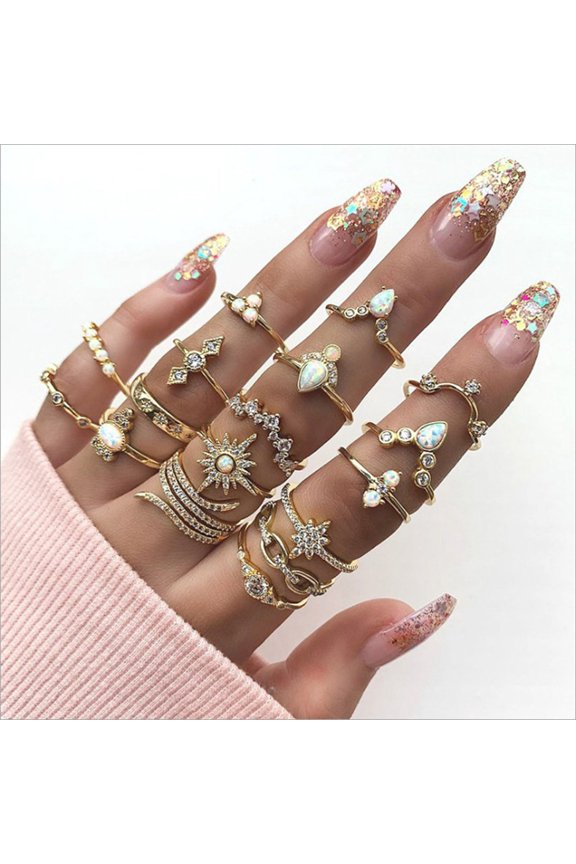 Set of 17 Women’s Rhinestone Joint Rings – Vintage Alloy Stackable Knuckle Midi Rings, Multi-Style Jewelry