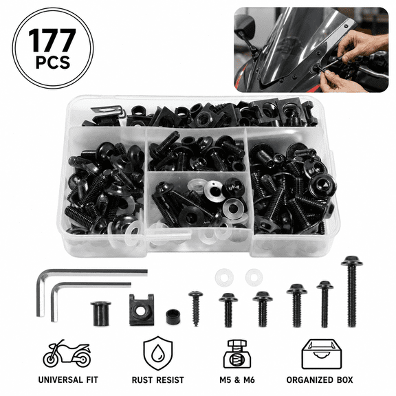 Set of 177 Motorcycle Fairing Bolts Kit, Universal Windshield Fasteners, Black