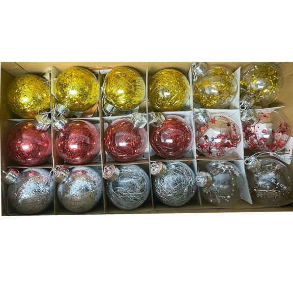Set of 18 Colorful Clear Plastic Christmas Ornaments 4 Inches