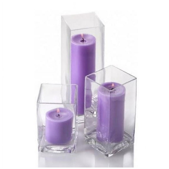 Set of 18 Richland Pillar Candles Lavender and 18 Glass Eastland Square Holders
