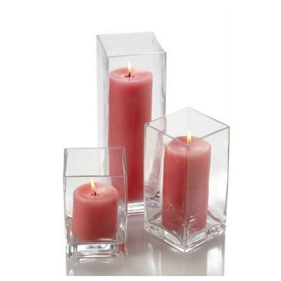 Set of 18 Richland Pillar Candles Pink and 18 Glass Eastland Square Holders
