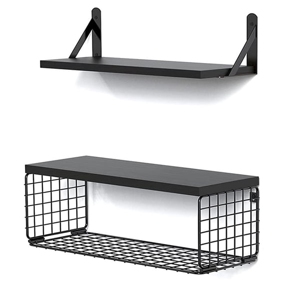 Set of 2+1 Wall-Mounted Floating Shelves W/Triangle Bracket & Frame, 16 Inch Black Rustic Wood Storage Shelf for Living Room Kitchen Bedroom Bathroom