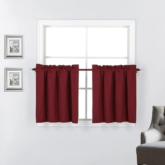 Set of 2 100% Blackout Insulated Rod Pocket Kitchen Curtain Tiers for Small Windows 27" W x 24" L, Burgundy