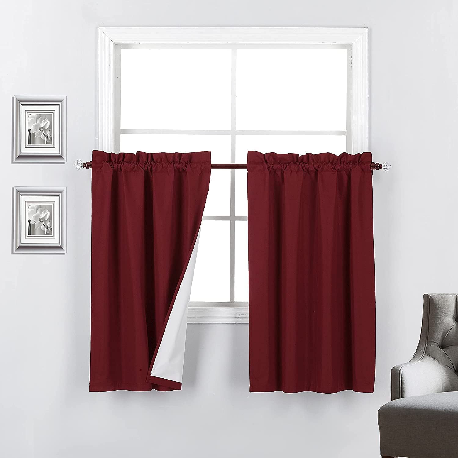 Set of 2 100% Blackout Insulated Rod Pocket Kitchen Curtain Tiers for Small Windows 27" W x 36" L, Burgundy