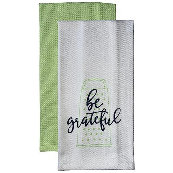 Set of 2, 100% Cotton White Herringbone Funny Kitchen Towels be Grateful and Plain Lime Green Kitchen Towels Size: 16 X 28 Inch.