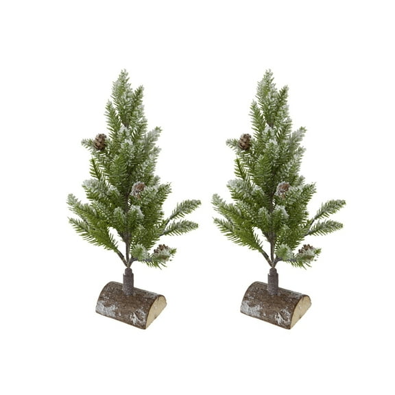 Set of 2, 13.5" christmas PVC Tree On Wood Base With Snow