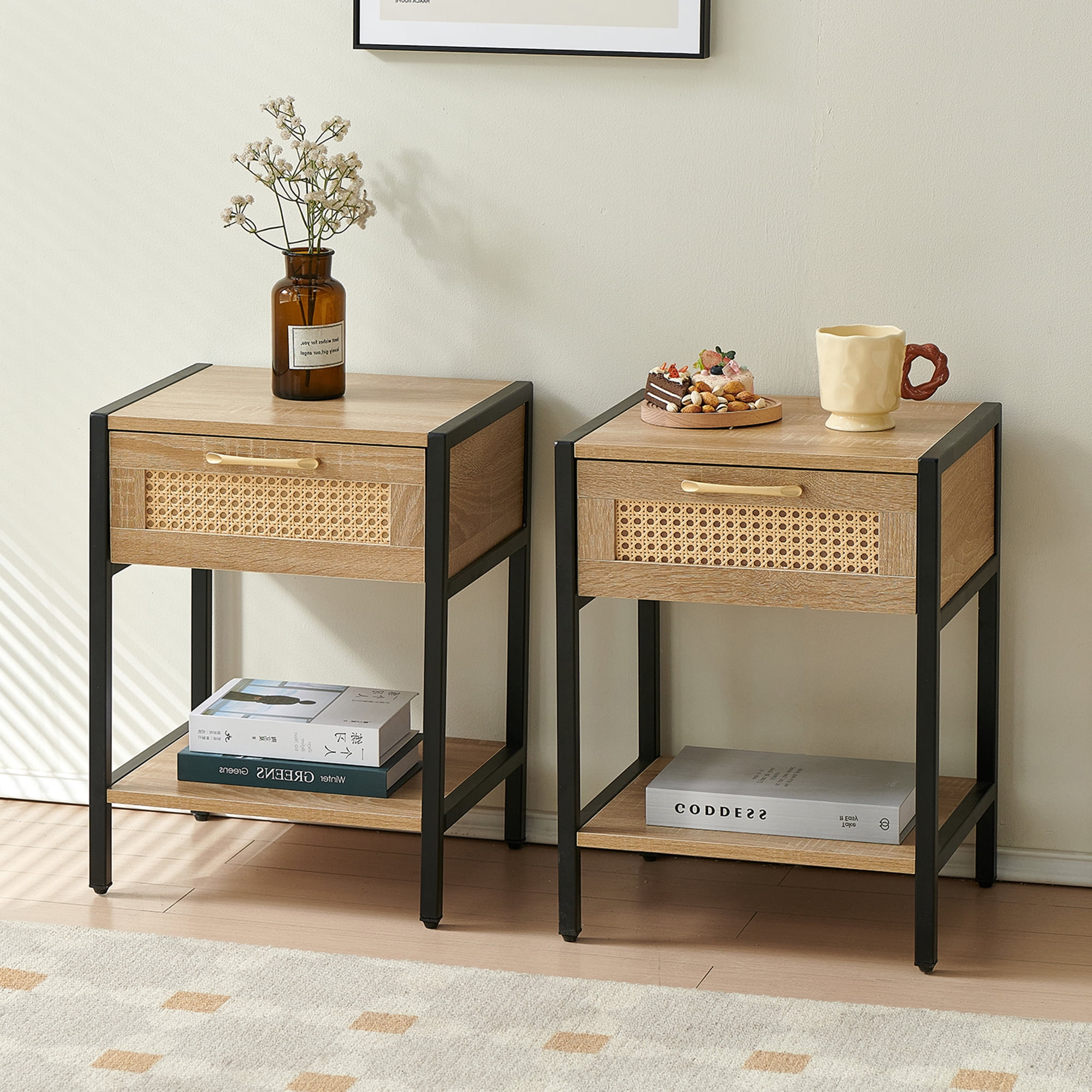 Set of 2, 15.74" Rattan End table with drawer, Modern nightstand, metal