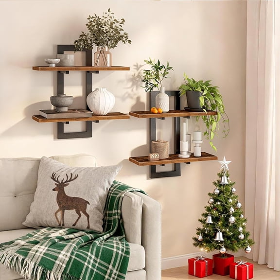 Set of 2 15" Floating Wall Shelves, 2-Tier Hanging Storage Shelves for Bathroom, Kitchen, Bedroom, Living Room, Rustic Brown & Black