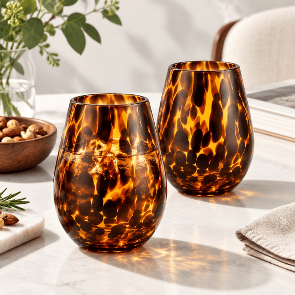 Set of 2 16 oz Round Stemless Tortoise Shell Print Wine Glasses
