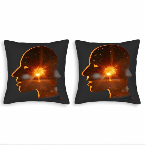 Set of 2 18x18in Throw Pillow Covers - Artistic Human Profile Silhouette with Glowing Orange Outline & Vibrant Design for Couch Bed Car