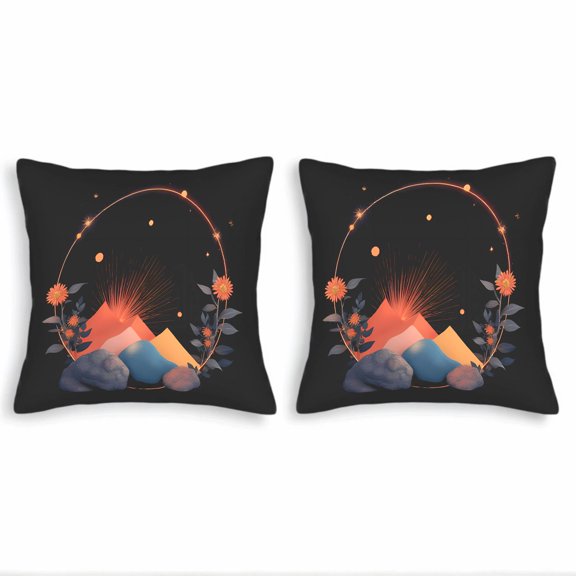 Set of 2 18x18in Throw Pillow Covers - Artistic Mountain Landscape Design with Stars & Flowers Perfect for Couch Bed or Car