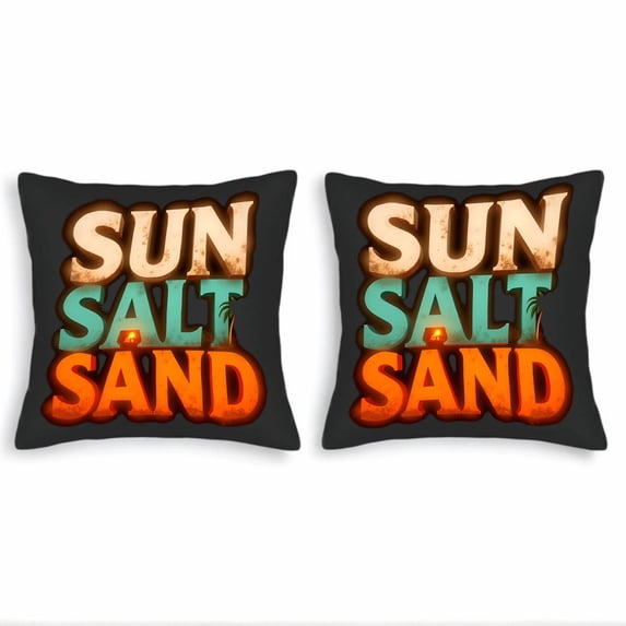 Set of 2 18x18in Throw Pillow Covers - Beachy " SUN SALT SAND " Design with Palm Tree & Sunset Perfect for Couch Bed or Car