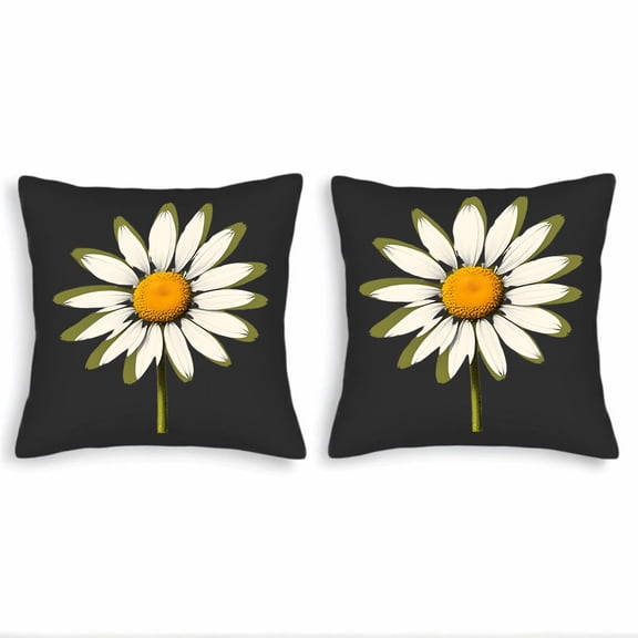Set of 2 18x18in Throw Pillow Covers - Black Background with White Daisy Design Yellow Orange Center Perfect for Couch Bed Car