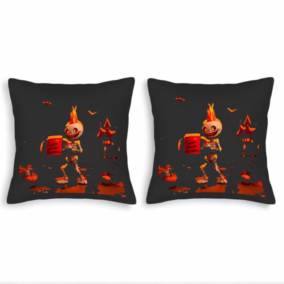 Set of 2 18x18in Throw Pillow Covers - Cartoon Skeleton with Flaming Top Happy Bloods October Design Perfect for Couch Bed Car Decor