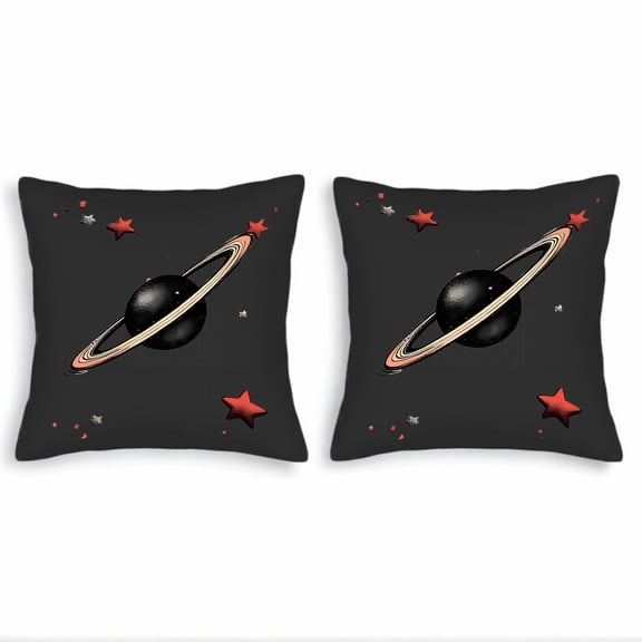 Set of 2 18x18in Throw Pillow Covers - Celestial Design like Planet and Vibrant Red & Orange Stars on Black Background