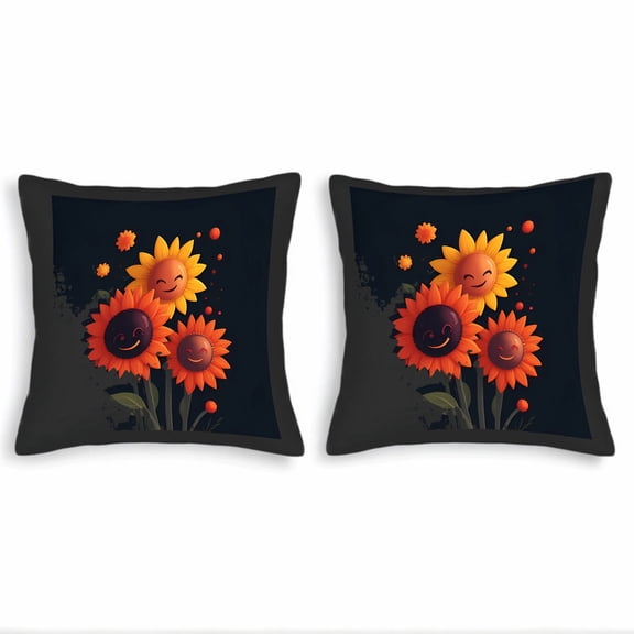 Set of 2 18x18in Throw Pillow Covers - Cheerful Sunflower Design with Smiling Faces on Dark Background Perfect for Couch Bed Car