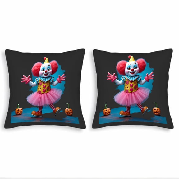 Set of 2 18x18in Throw Pillow Covers - Colorful Clown Design with Polka Dots Ruffled Collar and Pumpkins - Perfect for Couch Bed Car