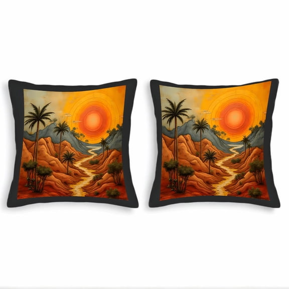 Set of 2 18x18in Throw Pillow Covers - Desert Landscape Design with Vibrant Orange Sky Perfect for Couch Bed or Car Decor