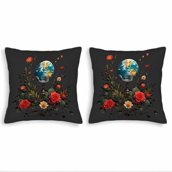 Set of 2 18x18in Throw Pillow Covers - Earth Design with Vibrant Flowers & Leaves Perfect for Couch Bed or Car Decor