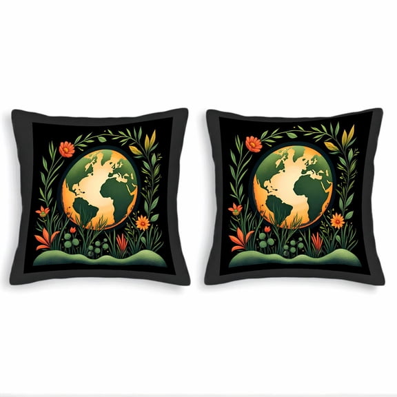 Set of 2 18x18in Throw Pillow Covers - Earth & Floral Design Vibrant Colors on Black Perfect for Couch Bed or Car Decor